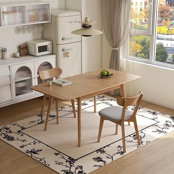 47’’-63’’ 100% Oak Extendable Dining Table and Chairs Set for 2, Solid Wood Folding Kitchen Table, Mid Century Modern Dinner Table for Kitchen, Living Room, Natural (47''-63''+2 Cushion Chairs-YC)
