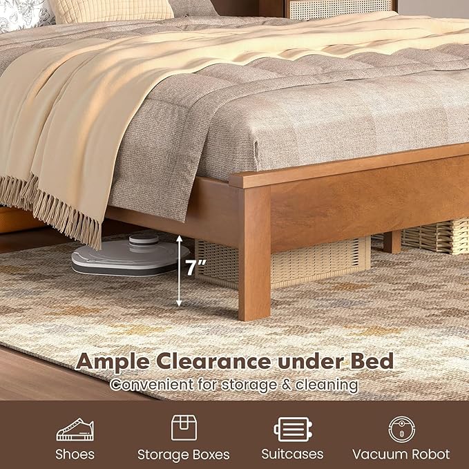 Wood Bed Frames with Headboard, Mid Century Bed Frame with Solid Wood Legs & Wooden Slat Support, Mattress Foundation Bed Base, No Box Spring Needed, (Walnut, Full)
