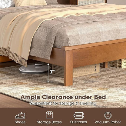 Wood Bed Frames with Headboard, Mid Century Bed Frame with Solid Wood Legs & Wooden Slat Support, Mattress Foundation Bed Base, No Box Spring Needed, (Walnut, Full)