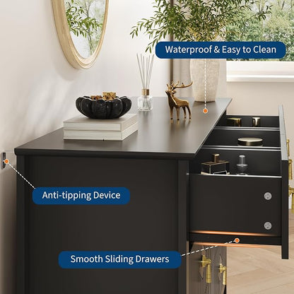 GarveeHome Fluted Dresser for Bedroom, 54 Inch Wide 7-Drawer Wood Dresser, Modern Chest of Drawers, Storage Organizer Cabinet for Living Room, Hallway, Entryway, Black