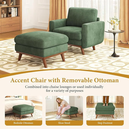 Vesgantti 38.5" Accent Chair with Movable Ottoman, Comfy Corduroy Armchair with Spring Cushion, Reading Chair with Ottoman, Modern Single Sofa for Living Room, Bedroom and Apartment, Green