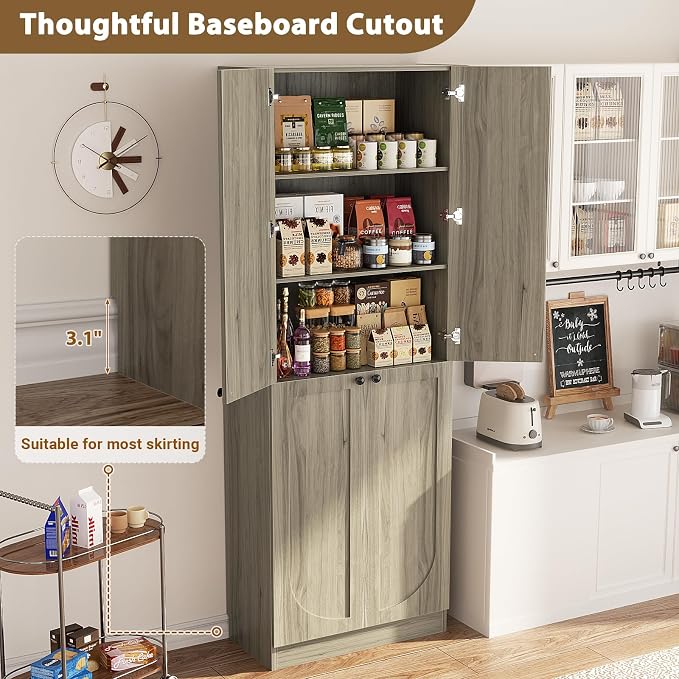 Cyclysio 80" Kitchen Pantry, Extra Tall Arch Storage Cabinet with 8 Soft Close Doors and Adjustable Shelves, Freestanding Wood Cupboard with Seamless Fit Wall for Dining Living Room Bathroom Furniture