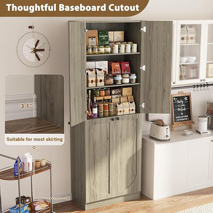 Cyclysio 80" Kitchen Pantry, Extra Tall Arch Storage Cabinet with 4 Soft Close Doors and Adjustable Shelves, Freestanding Wood Cupboard with Seamless Fit Wall for Dining Living Room Bathroom Furniture