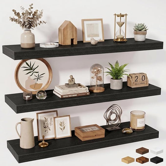 Fun Memories Floating Shelves Set of 3, 40 Inch Long Wooden Wall Shelves, 10 Inch Deep Wall Mounted Storage Shelf with Metal Brackets for Living Room, Bathroom, Bedroom and Kitchen, Black