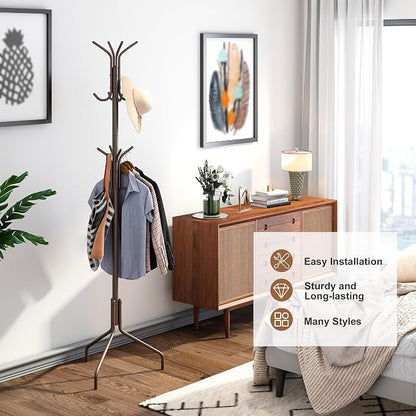 Coat Rack Freestanding Coat Tree Standing Coat and Hat Hanger Jacket Organizer Rack Metal,18.3" L x 18.3" W x 71.5" H, Brown