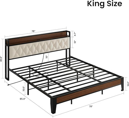 ANCTOR King Bed Frame, Storage Headboard with Charging Station, Platform Bed Frame with Strong Metal Support, Sturdy and Stable, Noise Free, No Box Spring Needed, Easy Assembly, Walnut