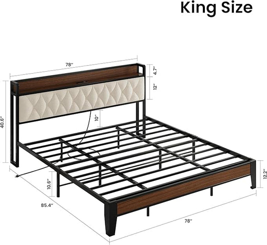 ANCTOR King Bed Frame, Storage Headboard with Charging Station, Platform Bed Frame with Strong Metal Support, Sturdy and Stable, Noise Free, No Box Spring Needed, Easy Assembly, Walnut