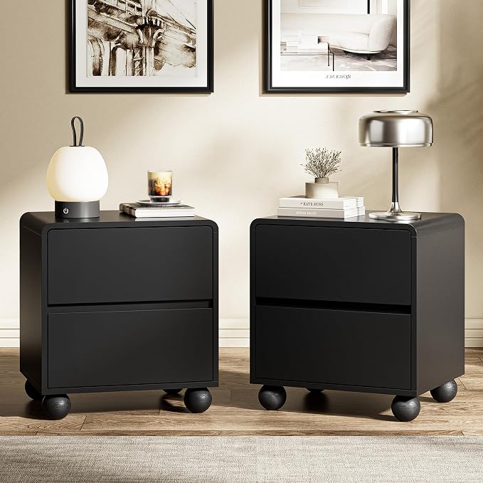 Furniway 3 Piece Bedroom Set, 6 Drawer Dresser and 2 Drawer Nightstand Set of 2 with Round Legs, Modern Wood Chest of Drawers Storage Cabinet for Bedroom, Black