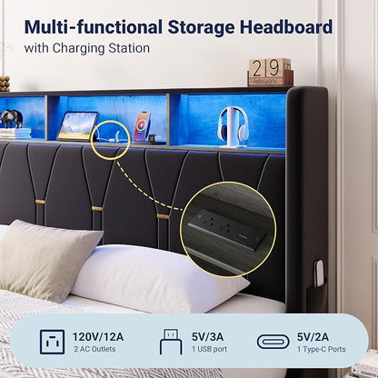Allewie Full Bed Frame with 2-Tier Storage Headboard, Charging Station & LED Lights, Velvet Upholstered Platform Bed with 2 Drawers, Wingback Headboard, Gold Button Tufted, No Box Spring Needed, Black