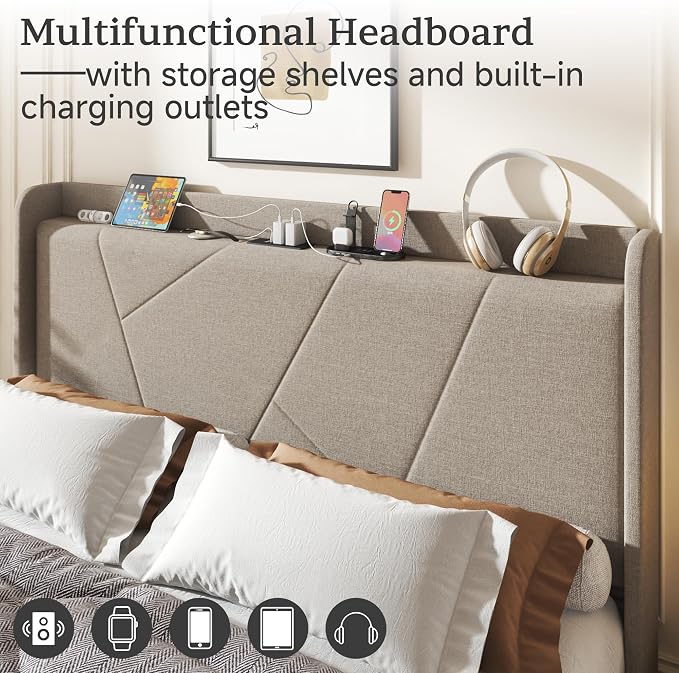 Full Size Linen Bed Frame, Storage Headboard with Charging Station, Upholstered Platform Bed with Wooden Slats Support, Solid and Stable, Noise Free, No Box Spring Needed, Easy Assembly, Beige