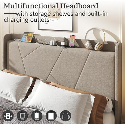 Full Size Linen Bed Frame, Storage Headboard with Charging Station, Upholstered Platform Bed with Wooden Slats Support, Solid and Stable, Noise Free, No Box Spring Needed, Easy Assembly, Beige
