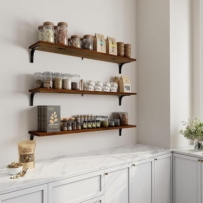 12 Inch Deep Floating Shelves Set of 3, 48 Inch Extra Wide Rustic Walnut Solid Wood Wall Shelves, 4ft Heavy Duty Farmhouse Wall Mounted Shelving for Kitchen, Living Room & Bedroom