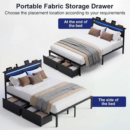 Queen Bed Frame with Drawers, Platform Bed with LED Lights & Charging Station, Wood Headboard, Strong Metal Slats Support, No Box Spring Needed, Noise Free, Easy Assembly