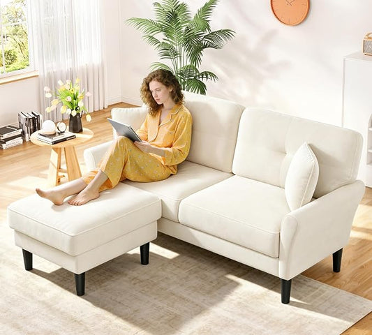 Kidirect Small Sectional Couch, 69" L Shaped Couch, Sectional Sofa, White | Comfy Velvet Couch, Tool-Free Setup, 750lb Max Load, Movable Ottoman, Ideal for Living Room, Bedroom, Apartment, Office