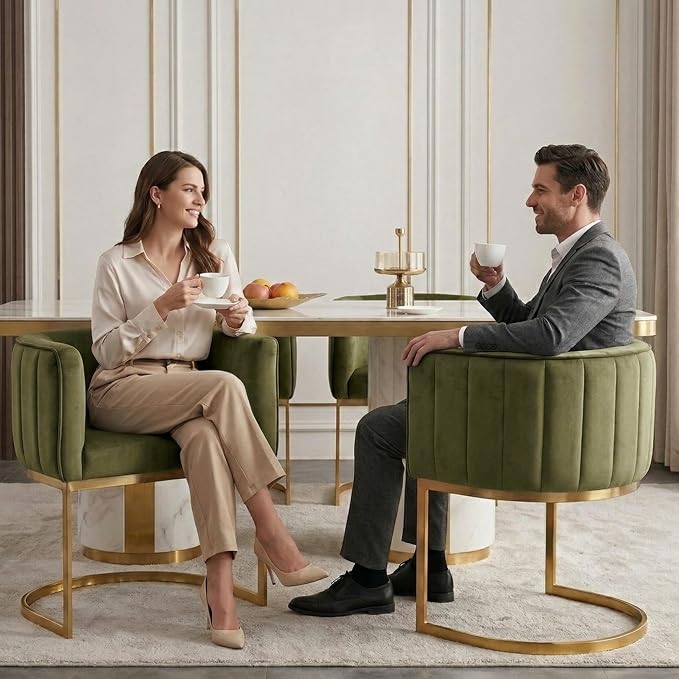 Hyfirm Olive Green and Gold Modern Barrel Dining Chairs Set of 2, Velvet Upholstered Accent Chairs with Curved Back for Kitchen Island, Luxury Comfort Seating Cantilever Metal Frame