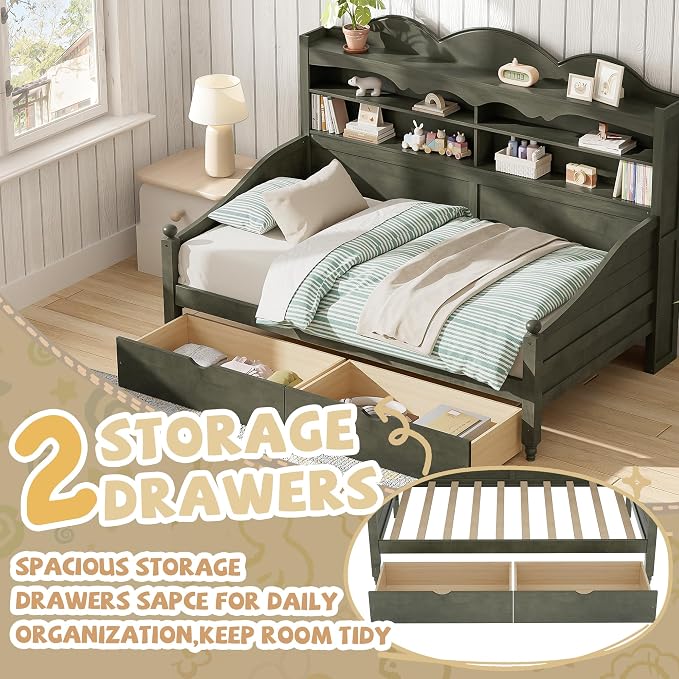 Merax Twin Daybed with Storage Drawers, Wood Twin Day Bed with 3-Tier Storage Headboard Shelves, Retro Style Twin-Size Daybed for Bedroom Guest Room, No Box Spring Needed, Easy Assembly, Grey