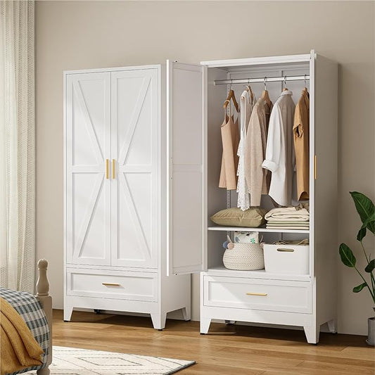 71" Tall Metal Armoire Wardrobe Closet,17.7" Deep By 31.5" Wide Portable Closet for Hanging Clothes,Wardrobe Cabinet with Drawer and Shelve for Bedroom Office Garage,White 1 Pack