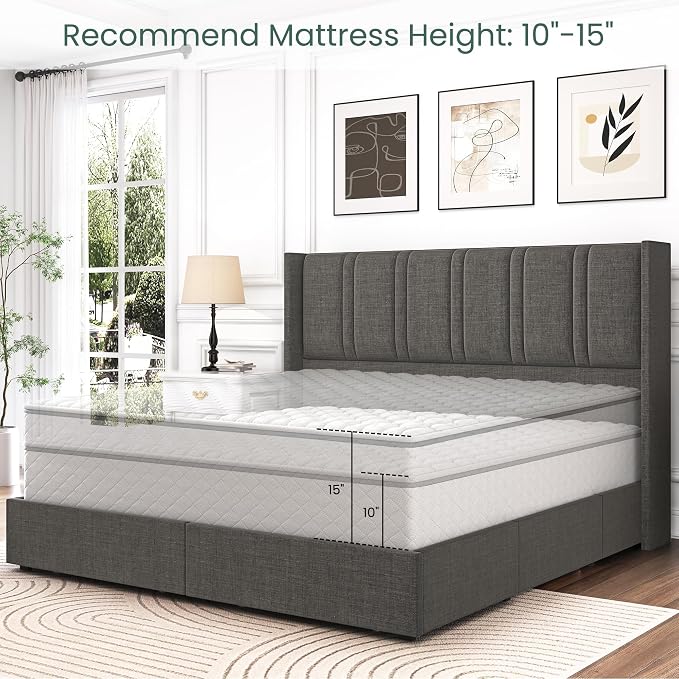 LARMACE King Size Bed Frame with Storage Drawers and Wingback Headboard, Linen Upholstered Platform Bed Frame with Wooden Slats, Easy Assembly, Light Grey