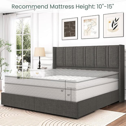 LARMACE King Size Bed Frame with Storage Drawers and Wingback Headboard, Linen Upholstered Platform Bed Frame with Wooden Slats, Easy Assembly, Light Grey