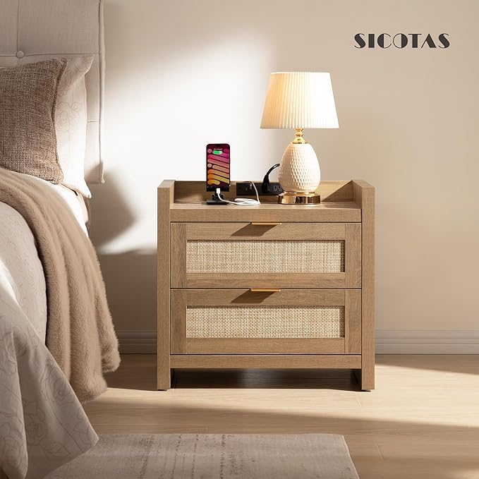 SICOTAS Bed Night Stand Set of 2 - Rattan Nightstands with Type-C Charging Station, 2 Storage Drawers - Boho Bedside Tables End Table for Small Space - Natural Oak