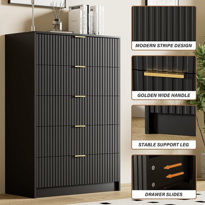 Furniway Black Dresser for Bedroom, Modern Dresser with 5 Drawers and Smooth Slides, Wide Chest of Drawers with Golden Handles for Bedroom, Living Room, Closet, 15.7" D x 31.5" W x 47.2" H