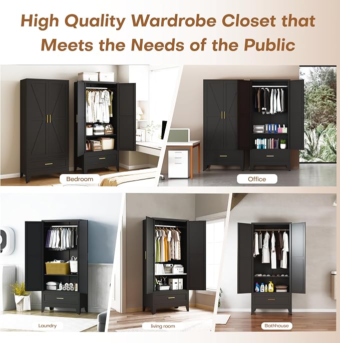 71" H Armoire Wardrobe Closet with 1 Drawer, Metal Wardrobe Closet with Doors and Adjustable Shelves, Wardrobes Cabinet with Hanging Rod, Closets for Bedroom, Laundry Room, Black