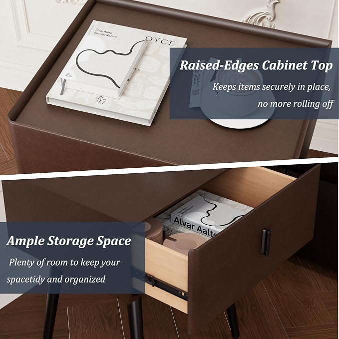 Nightstand Set of 2 with Single Drawer,Leather Side Table,Modern Bedside Table with Metal Legs for Bedroom,Small Accent End Table,Brown