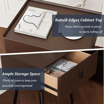 Nightstand Set of 2 with Single Drawer,Leather Side Table,Modern Bedside Table with Metal Legs for Bedroom,Small Accent End Table,Brown