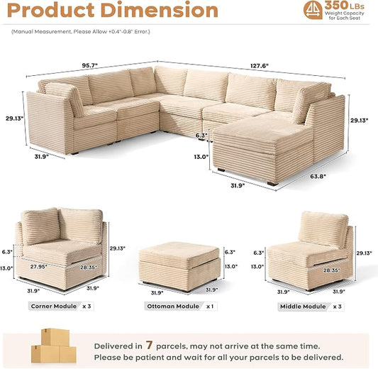 ovios Modular Sectional Sofa Couch with Sofa Bed U-Shape Chaise, Comfy Plush Corduroy Cloud Couches, Modern Luxury Deep Seat Sofas Set for Living Room, 7-Seater, Beige