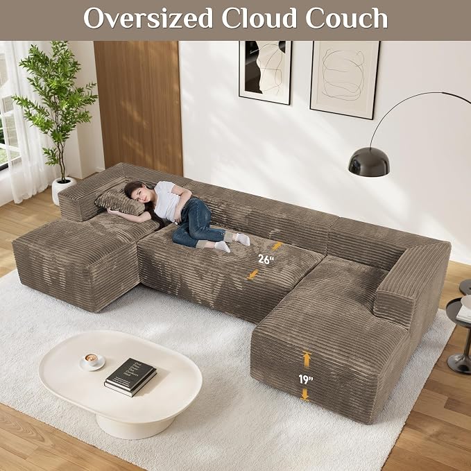 131" Oversized U Shaped Cloud Sectional Couches for Living Room, Comfy Fluffy Corduroy Brown Boneless Sectionals Couch, Plush Memory Foam Modular Sectional Sofa with Chaise- 19" Seat Height
