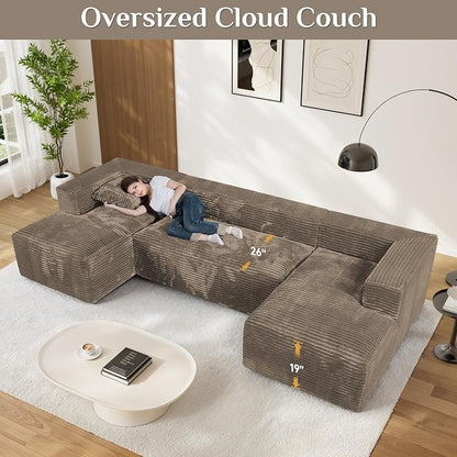 131" Oversized U Shaped Cloud Sectional Couches for Living Room, Comfy Fluffy Corduroy Brown Boneless Sectionals Couch, Plush Memory Foam Modular Sectional Sofa with Chaise- 19" Seat Height