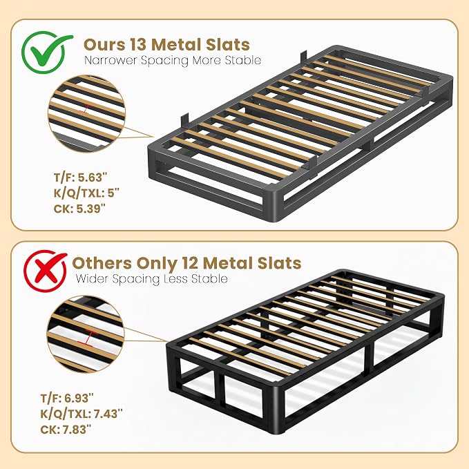 6 Inch Twin Bed Frames with Rounded Corner and Squeak Free U-Slot Design, Metal Platform Bed Frames 6 Non-Slip Guards, 3500lbs Heavy Duty Steel Slat Support, No Box Spring Needed, Black