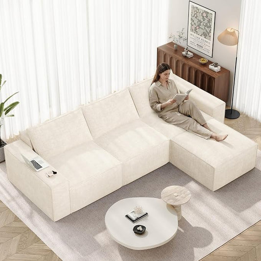 Vesgantti 114" Boneless Modular Sectional Sofa, Modern 3 Seater Couch with Ottoman & Deep Seat, Convertible Chenille L Shaped Cloud Couches for Living Room, No Assembly Required, Beige
