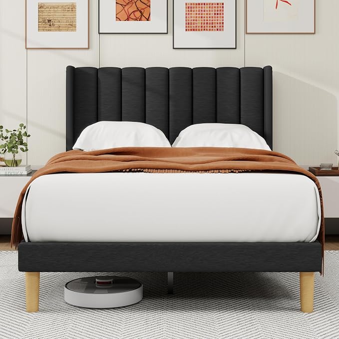 alazyhome Platform Bed Frame Full Size with Upholstered Headboard, Solid Wood Slats Support, No Box Spring Needed, Noise Free, Easy Assembly, Modern Fabric Bed, Black