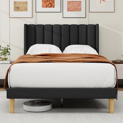 alazyhome Platform Bed Frame Full Size with Upholstered Headboard, Solid Wood Slats Support, No Box Spring Needed, Noise Free, Easy Assembly, Modern Fabric Bed, Black