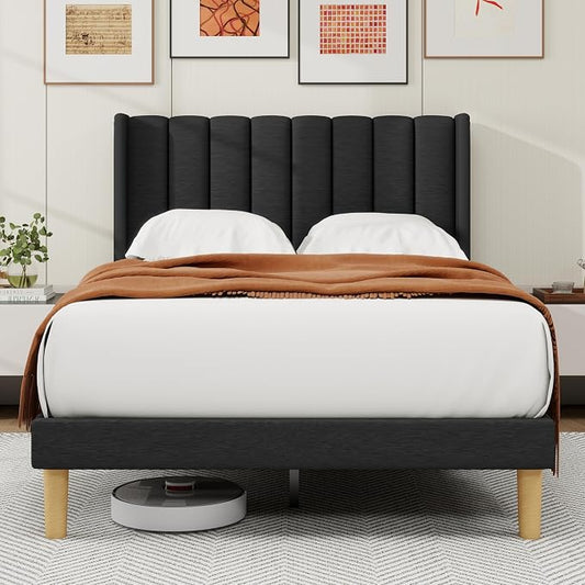 alazyhome Platform Bed Frame Full Size with Upholstered Headboard, Solid Wood Slats Support, No Box Spring Needed, Noise Free, Easy Assembly, Modern Fabric Bed, Black