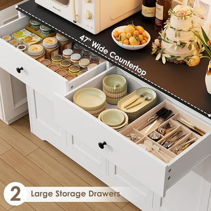 HIFIT 71" LED Kitchen Pantry Cabinet with Power Outlet, Large Kitchen Hutch Cabinet with 2 Storage Drawers & Arched Door, Countertop & Hooks, Tall China Bar for Dining Living Room (White + Black)