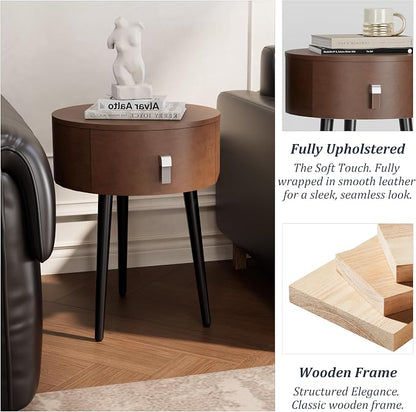 Round Nightstand Set of 2 with Single Drawer, Modern Bedside Table with Metal Legs for Bedroom, Leather Side Table, Small Accent End Table, Brown