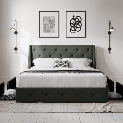 Allewie Full Size Bed Frame with 4 Storage Drawers and Wingback Headboard, Button Tufted Design, No Box Spring Needed, Dark Grey