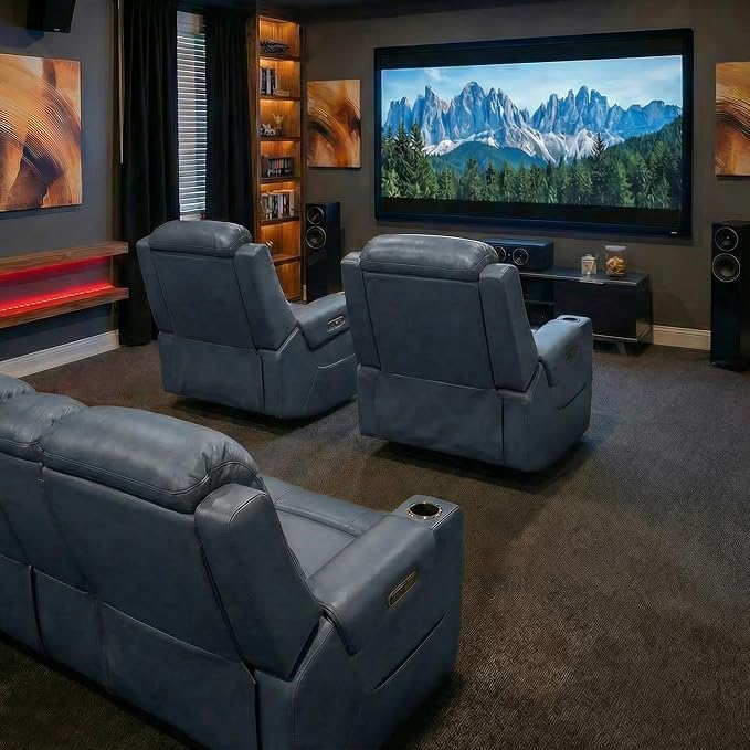 Watson & Whitely Oversized Genuine Leather Power Recliner Chairs for Big and Tall, Extra Wide Lay Flat Recliner with Power Headrest & Cup Holders, Electric Reclining Sofa for Living Room, Navy Blue