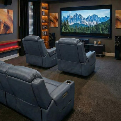 Watson & Whitely Oversized Genuine Leather Power Recliner Chairs for Big and Tall, Extra Wide Lay Flat Recliner with Power Headrest & Cup Holders, Electric Reclining Sofa for Living Room, Navy Blue