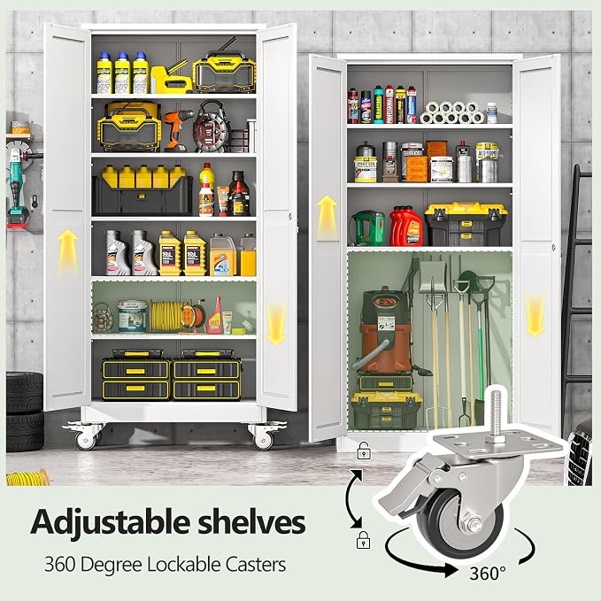 Metal Garage Storage Cabinet, 75”Tall Rolling Utility Cabinet White | storage system with Wheels, Lock, 5 Adjustable Shelves, Heavy Duty Steel Tool Locker for Home Office, Utility Room, Gym