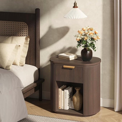 Fluted Nightstand with Charging Station, 23.6" Large Bedside Side Table with Drawer, Wood End Table with Storage, Curved Round Corner, Furniture Bedroom Sofa, Mid Century Modern, Vintage, Walnut