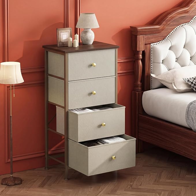 DUMOS Nightstand with 4 Drawers Bedside Table with Removable Fabric Bins Sturdy Steel Frame Wood Top Organizer Furniture for Bedroom Closet Living Room, Khaki