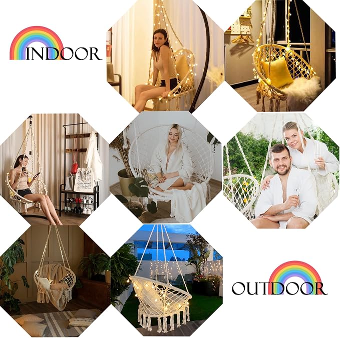 KASHAN Hanging Chair for Bedroom Hammock Chair Swing with Lights and Hardware Kits Holds up to 550Lbs Macrame Swing Chair Hanging Cotton Rope for Patio, Deck, Garden - Cushion Not Included