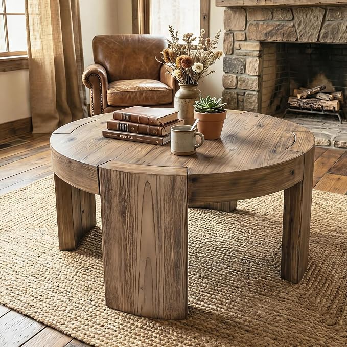 Solid Wood Round Coffee Table, 31.5-Inch Farmhouse Circle Center Cocktail Tea Table for Living Room, Wood Home Living Room Furniture, Easy Assembly, Light Brown