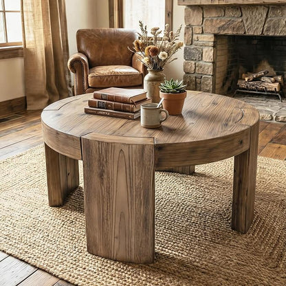 Solid Wood Round Coffee Table, 31.5-Inch Farmhouse Circle Center Cocktail Tea Table for Living Room, Wood Home Living Room Furniture, Easy Assembly, Light Brown