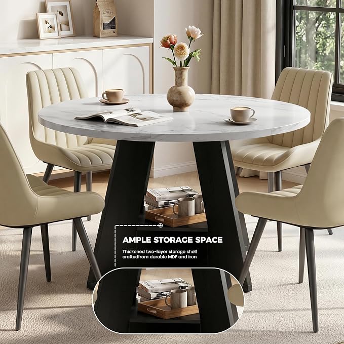 47.3 Inch Round Dining Table Set for 4, Round Kitchen Table with Chairs, Space Saving Dining Room Table set with Storage Shelf for Apartment Kitchen Dining Room, Faux Marble Table+4 Beige Chairs
