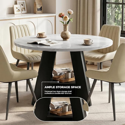 47.3 Inch Round Dining Table Set for 4, Round Kitchen Table with Chairs, Space Saving Dining Room Table set with Storage Shelf for Apartment Kitchen Dining Room, Faux Marble Table+4 Beige Chairs