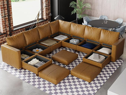 EASE MOOSE Leather Modualr Sectional Couch Sofa with Storage,Faux Leather Sectional Sofa Brown U Shaped Modular Couch